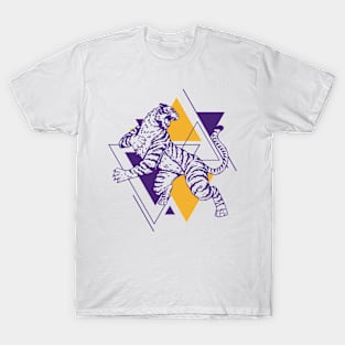 Retro Purple & Gold Tiger on the Attack // Vintage Geometric Shapes Background T-Shirt